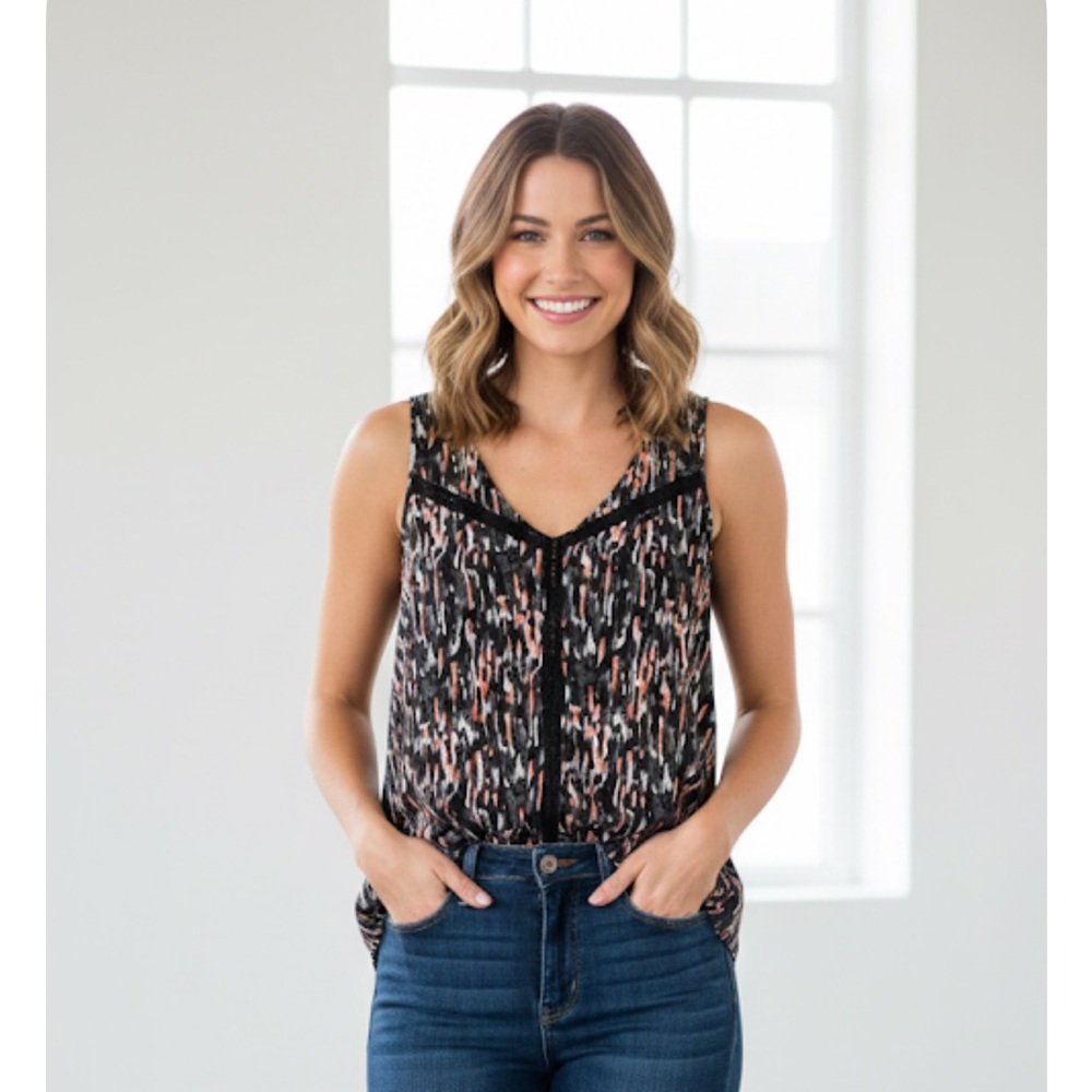 LUSH Scoop Neck Sleeveless Hi/Lo Top, Women’s M, Black White Orange